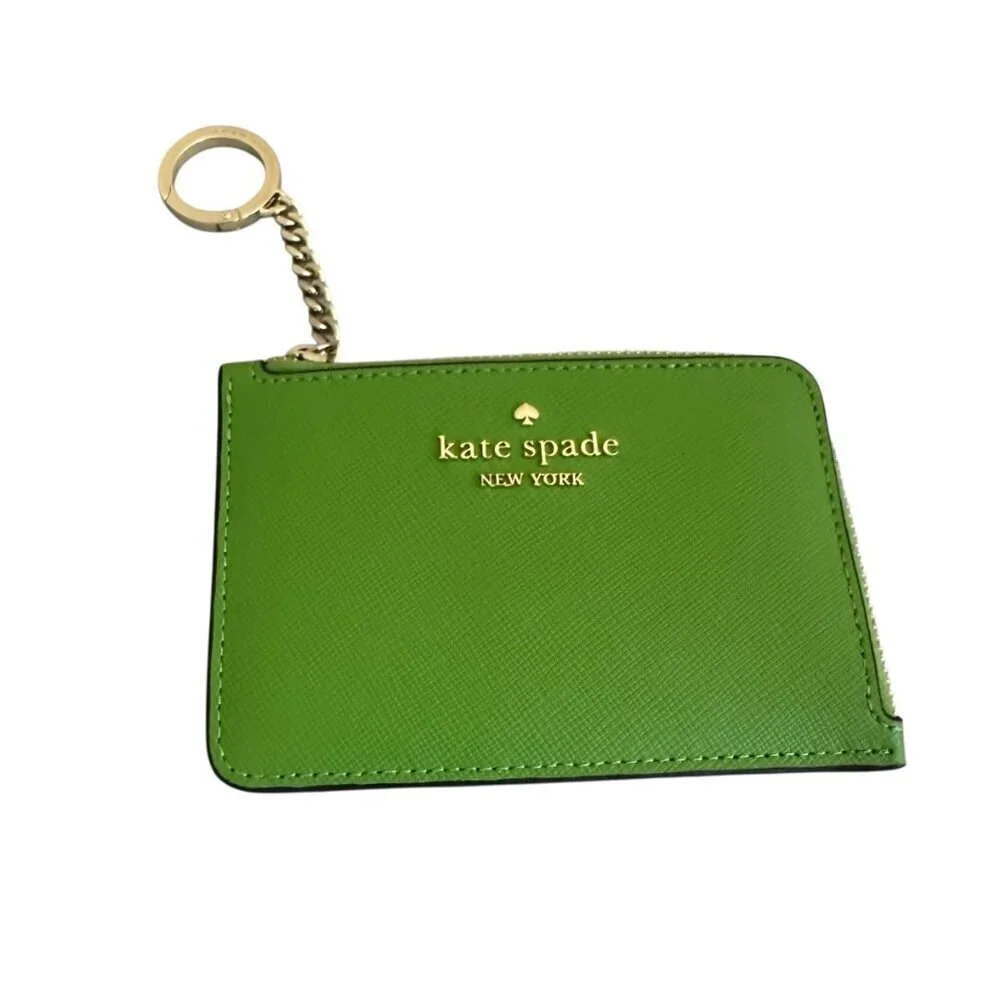 Kate Spade Madison Saffiano Pochette Bag + Card Holder Resin Chain Turtle Green